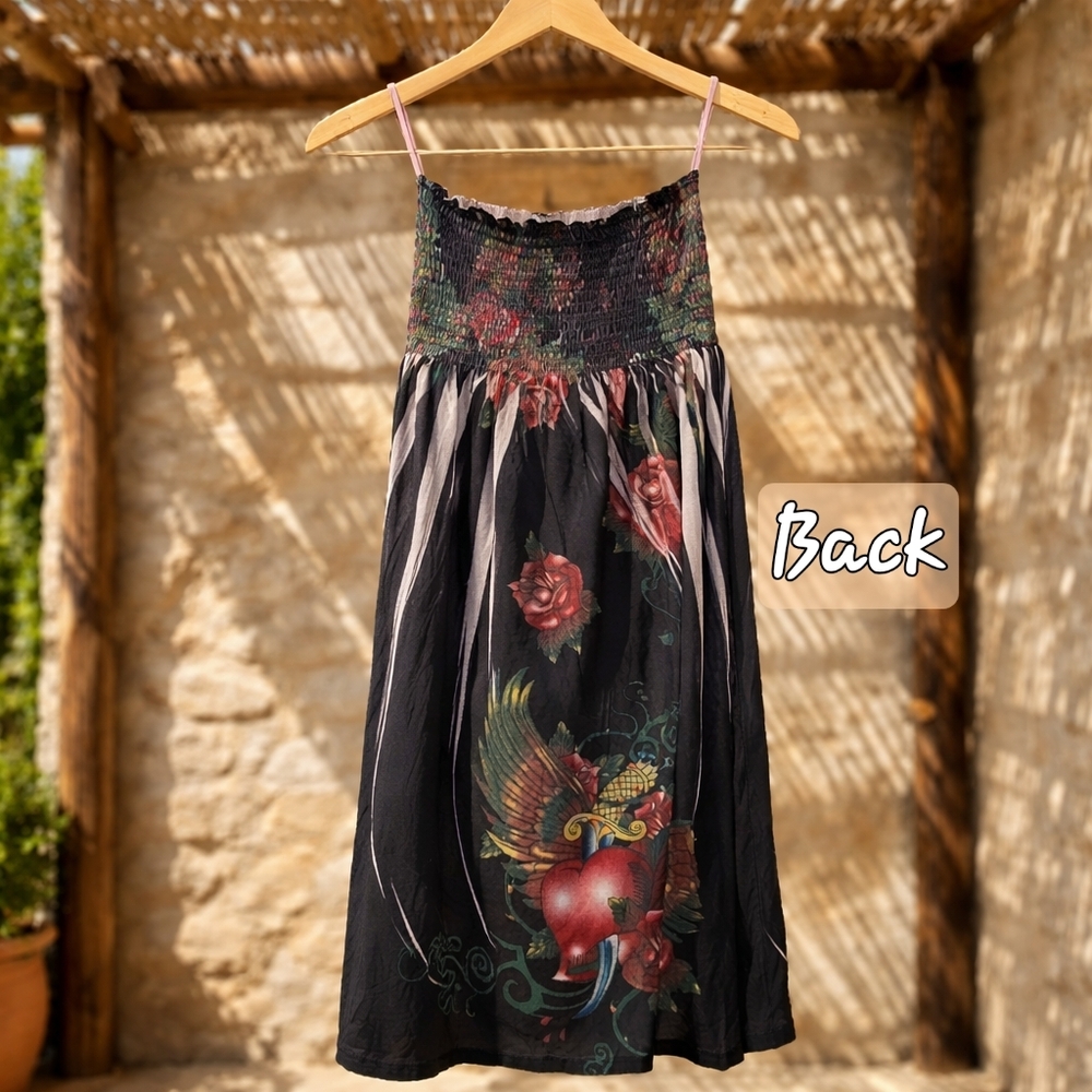 Ocean Breeze Black Floral Strapless Smocked Boho Summer Mini Dress Small - Picture 3 of 12